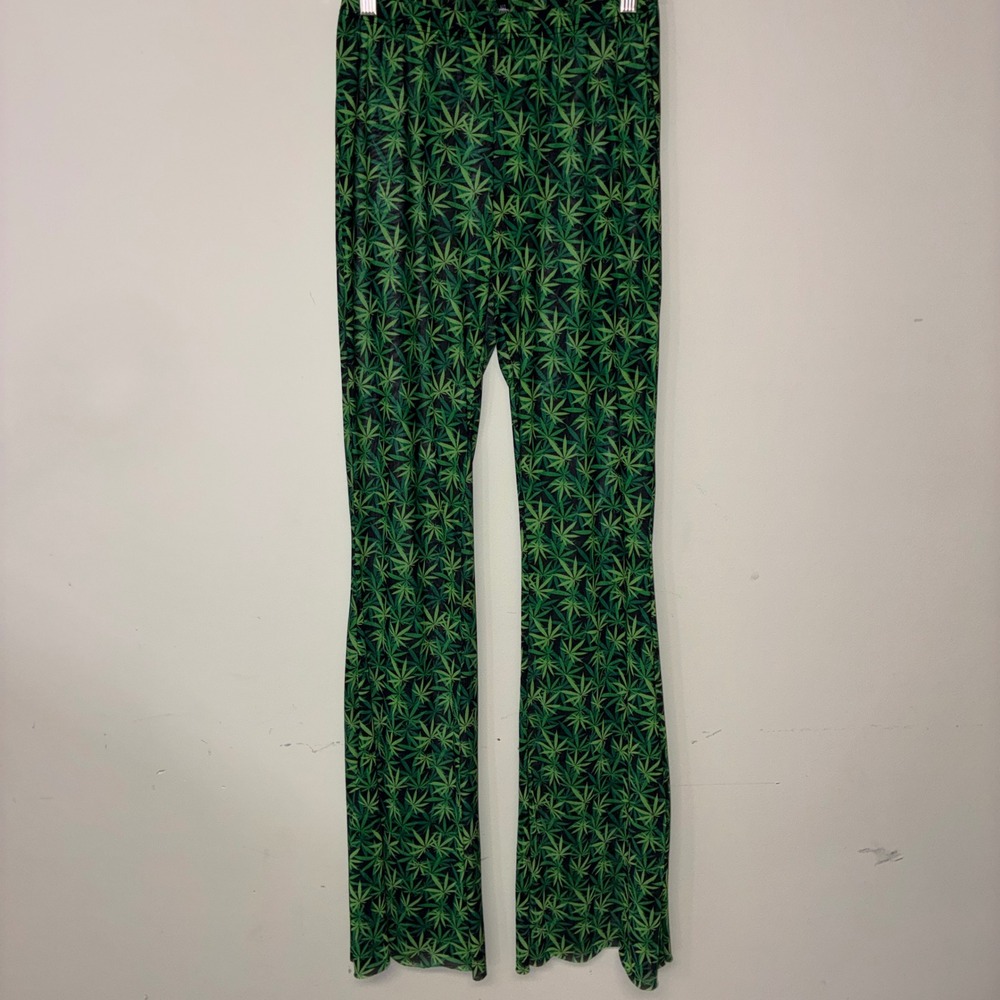 330 BodyRage Flare Pants S Green Weed Leaf Print Bell Bottom Spencers